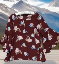 Zac & Rachel Top L Cute Silky Burgundy Floral Cottagecore Fairycore Shirt Blouse