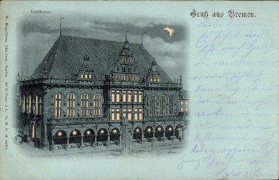 Moonlight litho Hanseatic city of Bremen, City Hall at night - 4914532