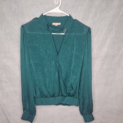 Rabbit Rose Green Animal Print Textured Collared Long Sleeve Blouse
