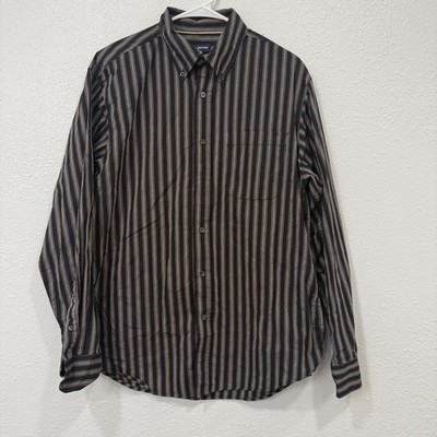 Basic Editions Mens Striped Button Down Shirt Black Tan Long Sleeve Medium