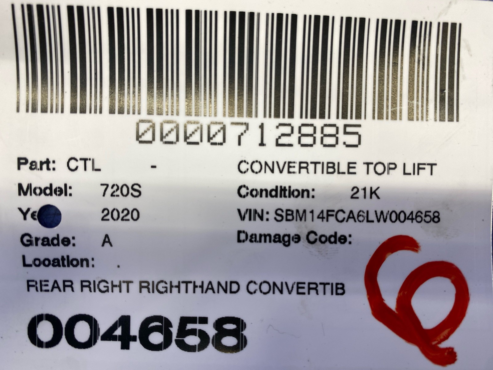 2018-2023 MCLAREN 720S REAR RIGHT RIGHTHAND CONVERTIBLE TOP MOTOR UNIT OEM