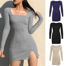Dress Basic Neck Ribbed Fashion Square Elegant Mini Sleeve Long Bodycon Dresses