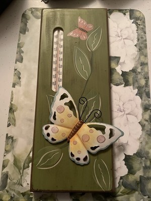 Vtg Metal Butterfly Wall Thermometer Indoor Wall Decor Green Floral 15.5 