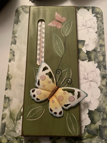 Vtg Metal Butterfly Wall Thermometer Indoor Wall Decor Green Floral 15.5”