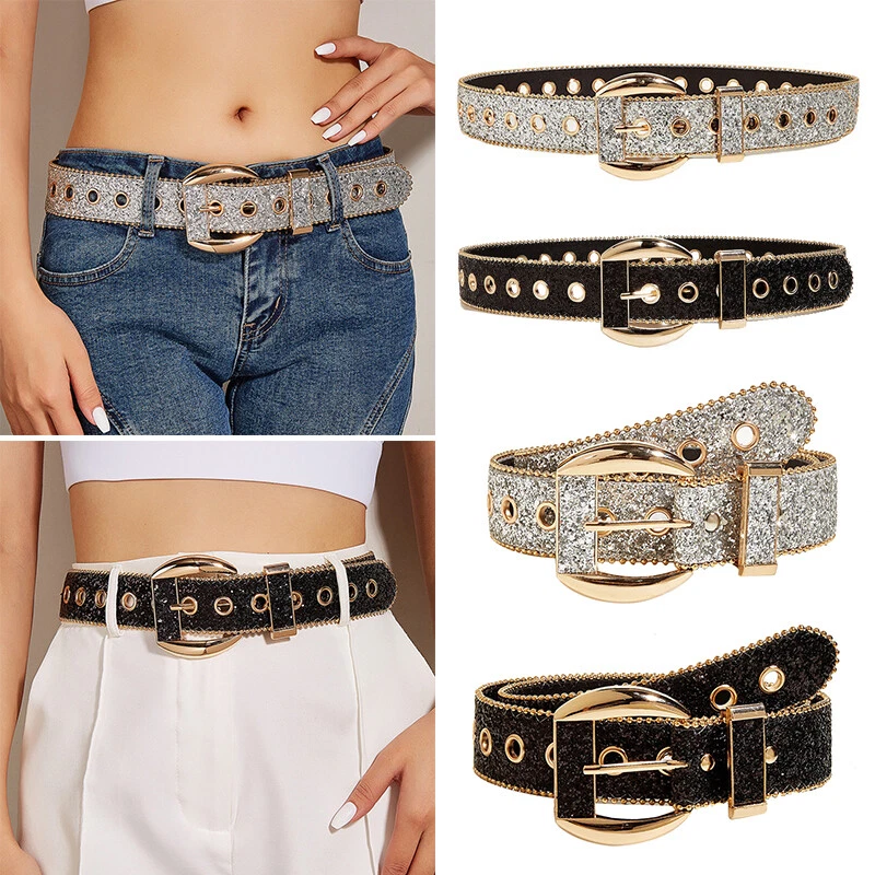 Studded Glitter Adjustable PU Leather Waistband Bling Crystal Rhinestone  Belt