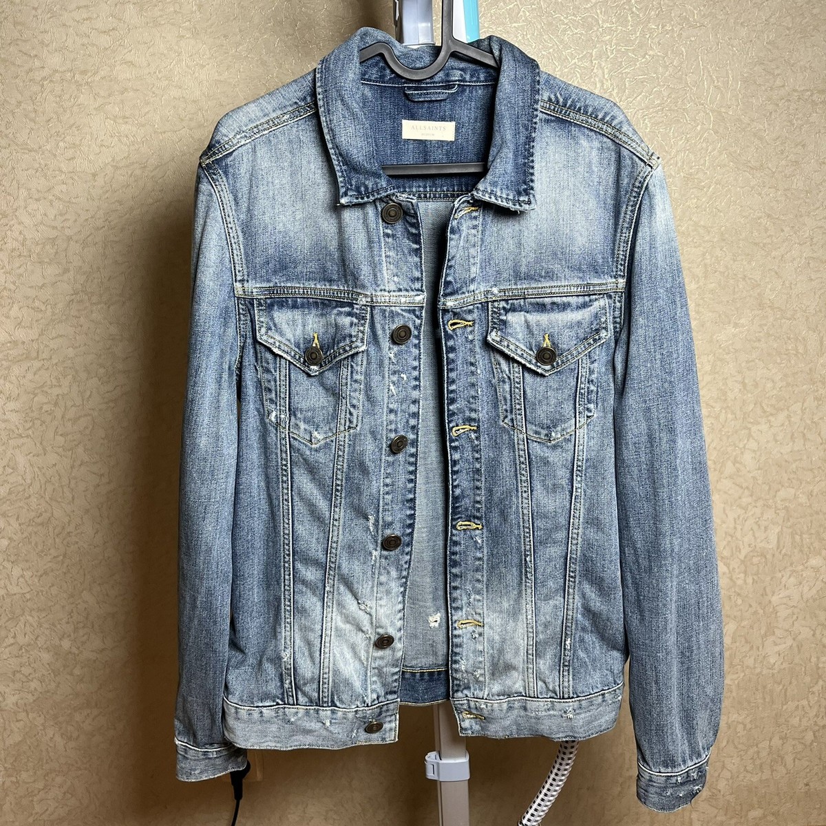 All Saints Vidal Slim Fit Button Down Denim Jacket Blue Mens Size Medium