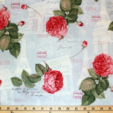 1 yard 12" Blue Fabric With Roses Paris Eiffel Tower La Vie en Rose APJ cotton