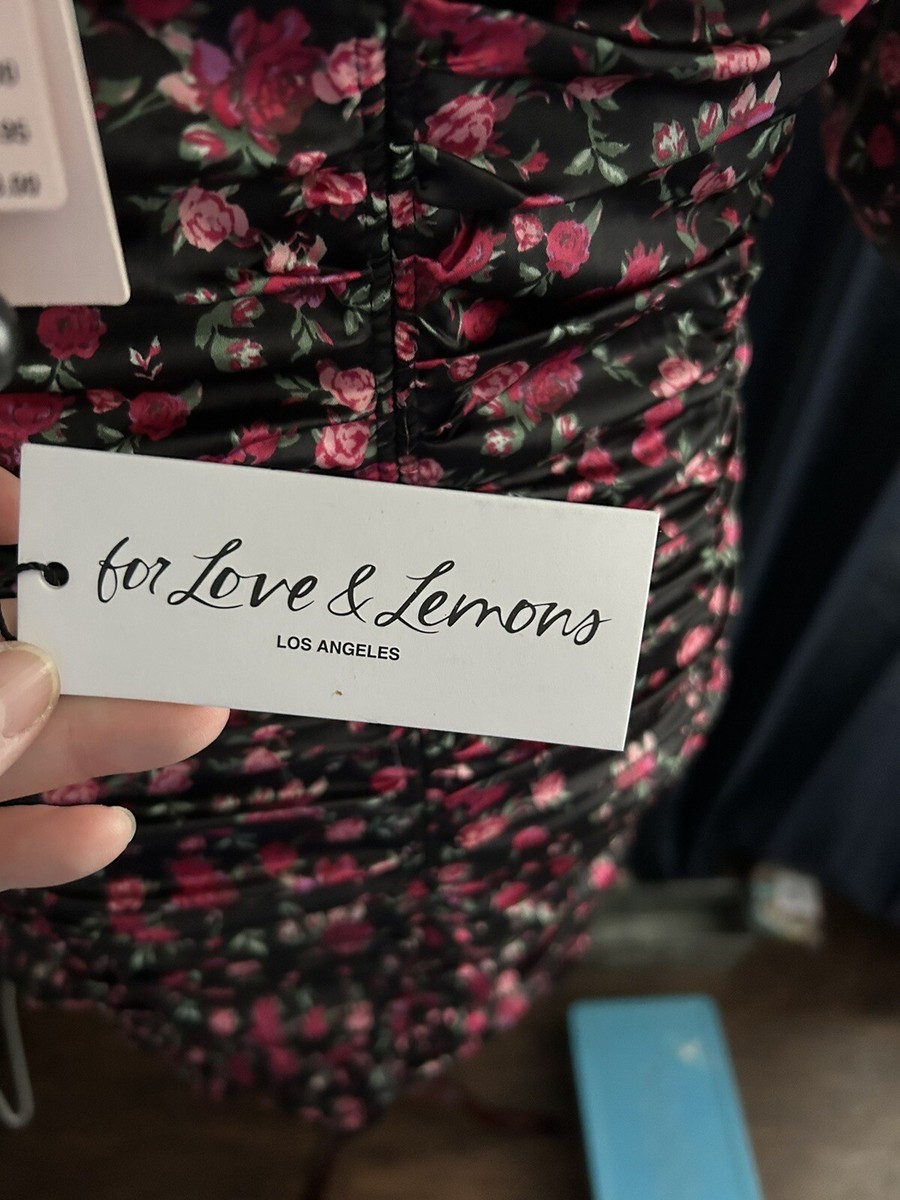 For Love And Lemons Ruched Boned Floral Mya Mini Dress Club Black Pink  Small | eBay