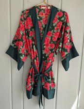 Victoria's Secret Womens One Size Robe Vintage Gold Label Red Roses Green Satin