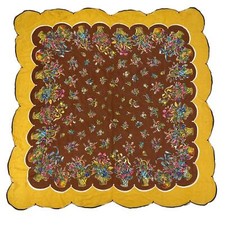 vintage scalloped Carol Stanley Floral Designer Scarf Silk Yellow Brown One Size