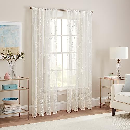 Sherry Lace Lightweight Elegant Floral Sheer Rod Pocket 54 in x 63 in Cream - Bild 6 von 7