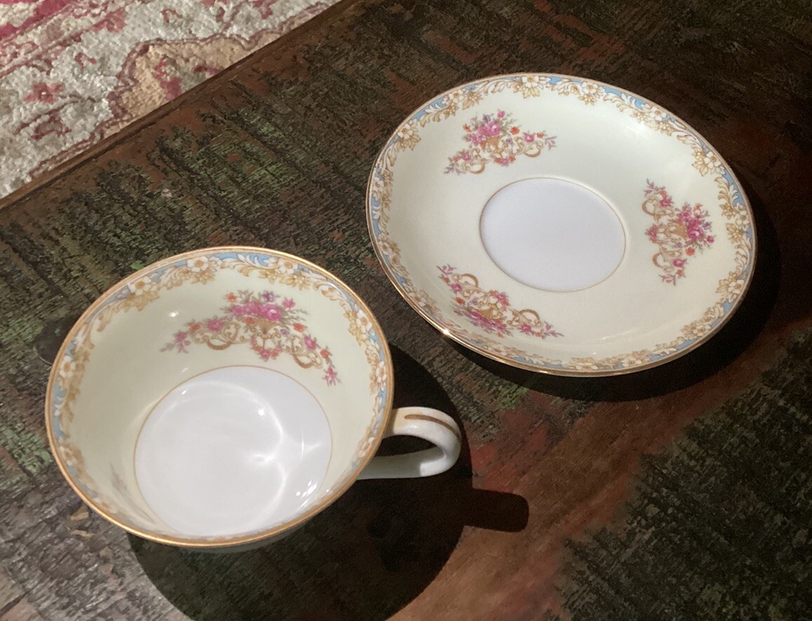 Noritake China Tea Cup & Saucer Japan Blue Edges Pink Flowers Gold