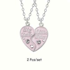 925 Sterling Silver Charm New Fashion Love Heart Big Little Sister Necklace 2pcs