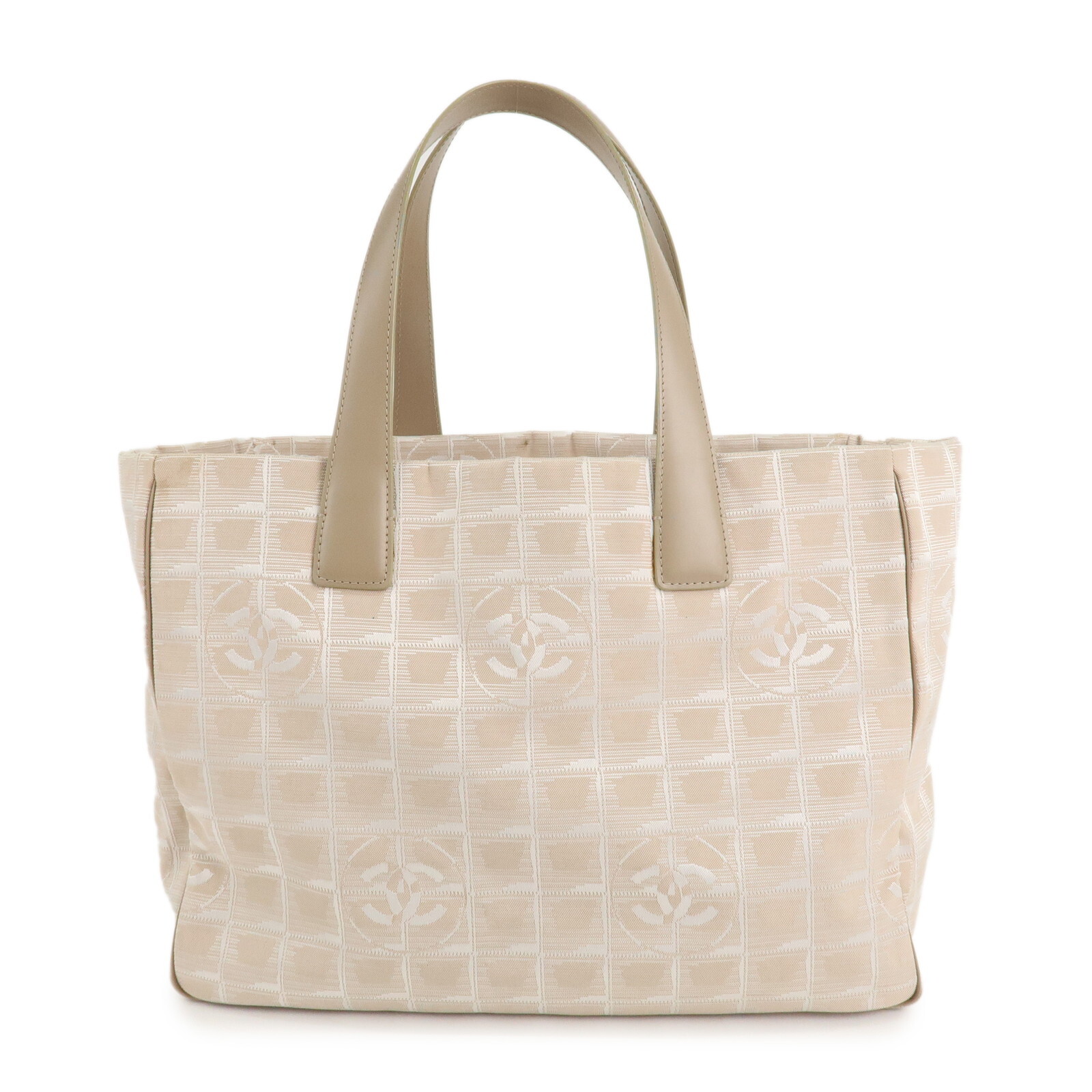 CHANEL Travel Line Nylon Jacquard Leather Tote MM Beige A15991 Preowned Free Shipping