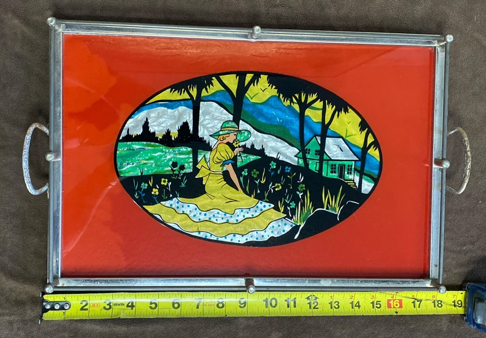 Арт-деко сервировочный поднос яркие цвета фольга акценты обратная роспись девочка и цветы - Изображение 2 из 4