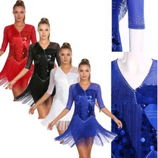 Women Dancewear Rumba Mini Dress Prom Skirt Cocktail V Neck Dance Sequins Club