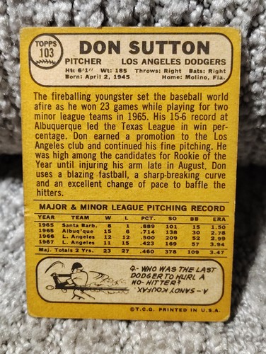 1968 Topps Don Sutton #103 - Bild 2 von 2