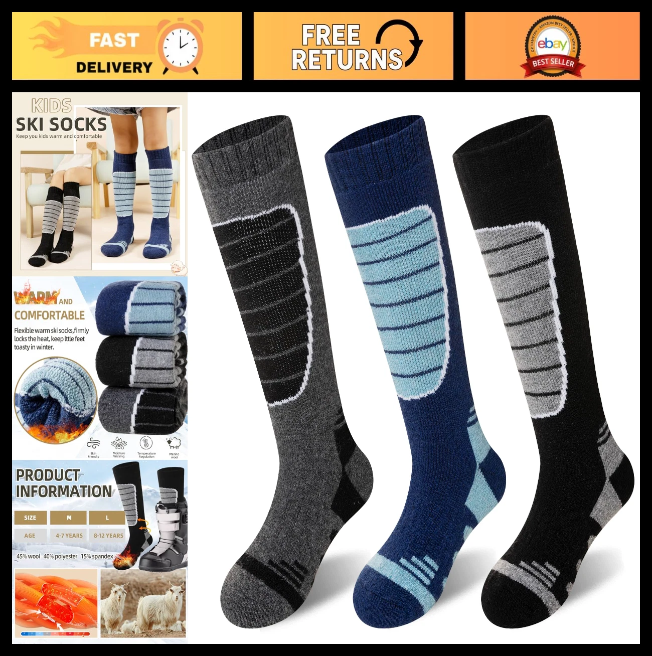 Warm Merino Wool Ski Socks for Kids - Knee High Thermal Hiking & Snowboarding, 3