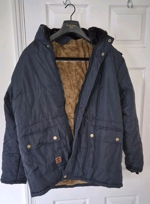 Herren Parka Mantel blau mit Fell gefüttert mit Kapuze, 5 Taschen und Bündchenärmeln XXL