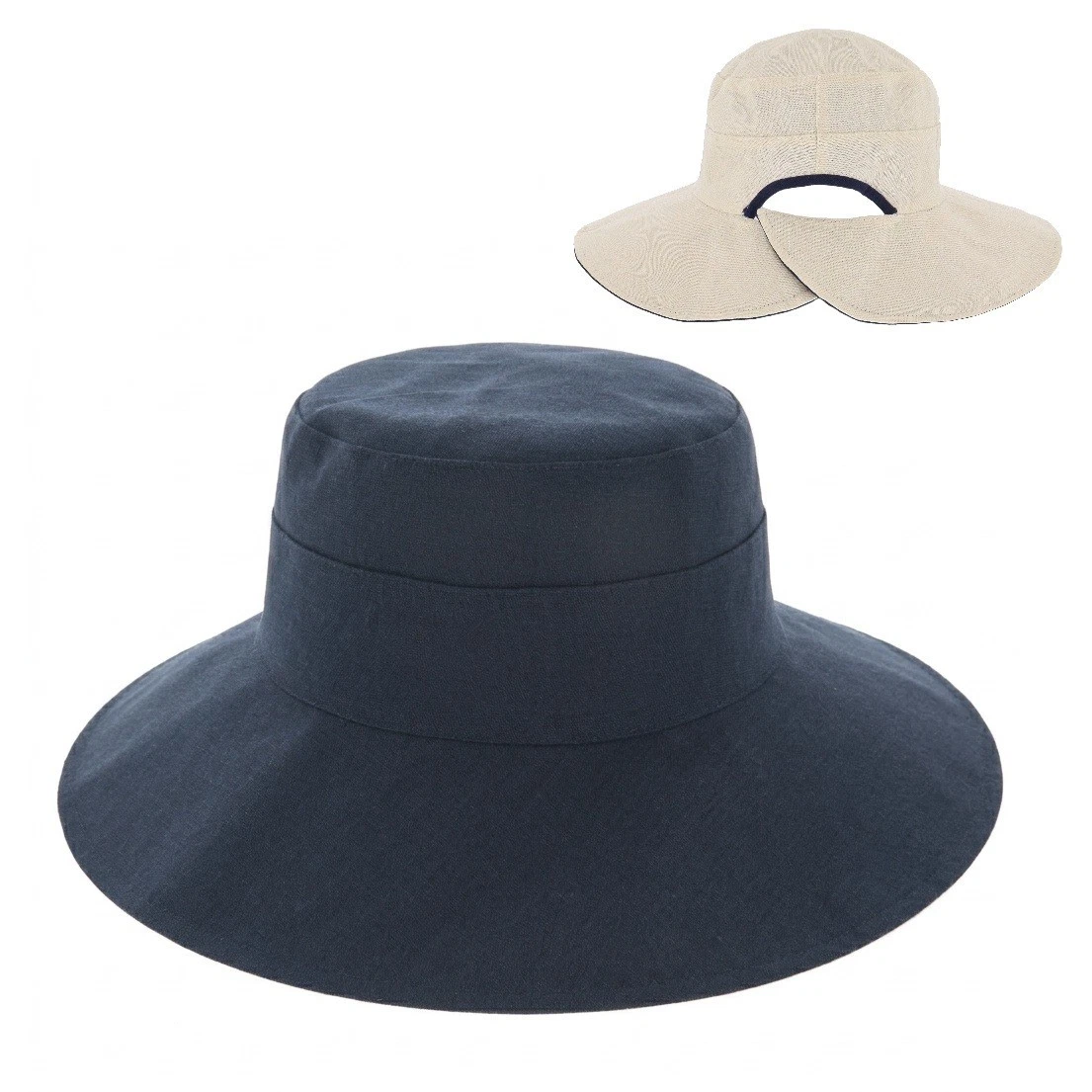Ladies Reversible Sun Hat, Wide Cut Out Brim, Cotton Linen, Navy and Natural
Opens in a new window o