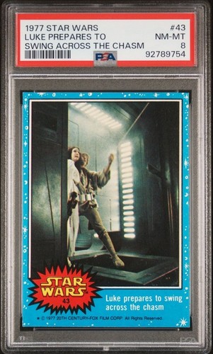 1977 Topps Star Wars #43 Luke prepares to swing across the chasm