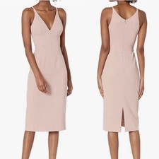 Dress The Population Lyla Blush V-Neck Midi Dress Back Slit & Hidden Zipper M