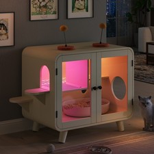 Hidden Cat Litter Box Enclosure Furniture Cabinet RGB LED Stairs Glass Doors