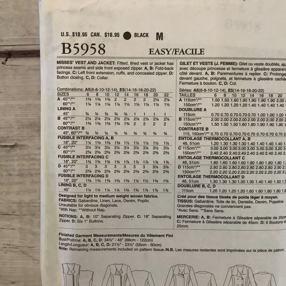 Butterick 5958 Sewing Pattern Lined Jacket Vest Misses Size 6-14 UNCUT - Image 3 of 4