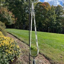 Vintage Macrame Plant Hanger White Green 5' Hand Made 70s Bohemian Patio Decor