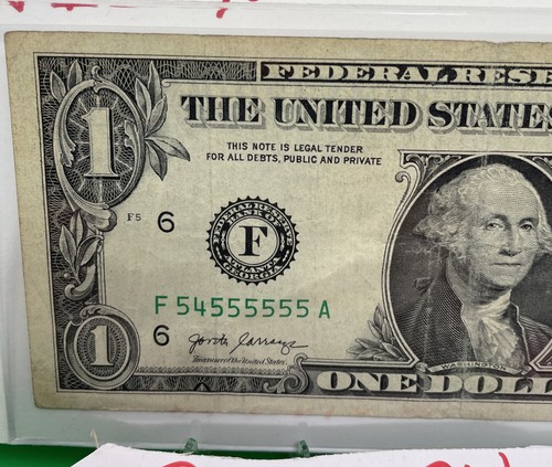 SEVEN OF A KIND SIX IN A ROW NEAR SOLID F54555555A Fancy Serial Number $1 Dollar - Picture 9 of 17
