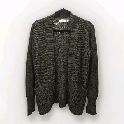 RD Style Olive Green Black Knit Sweater Open Cardigan Medium Grunge Boho Pockets