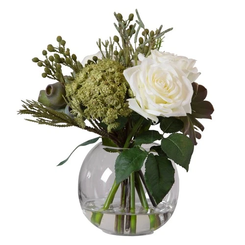 Potted Faux Artificial Cream Rose Green Succulent Flowers in Vase for Home Decor - Picture 3 of 5