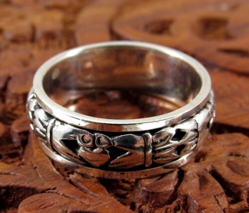 Solid 925 Sterling Silver Mens Celtic Claddagh Irish Love Heart Spin Band Ring - Afbeelding 1 van 3