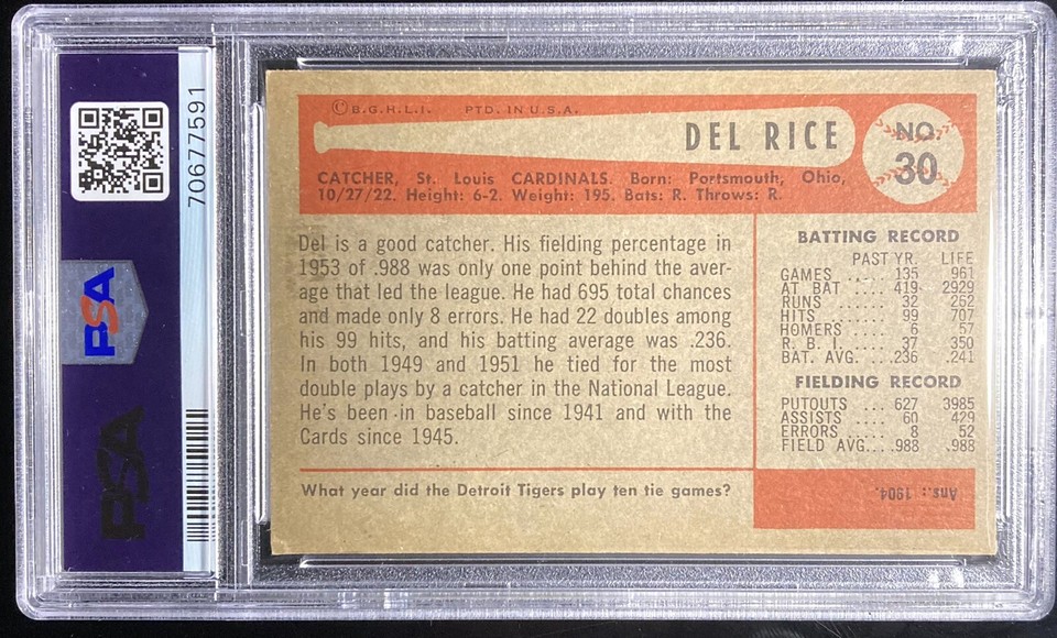 1954 Bowman #30 Delbert Rice PSA 6 | eBay
