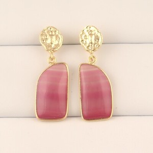 Authentic Tiny Pink Botswana Agate Polished 24k Gold Plated Bezel Set Drop Dangle Earring