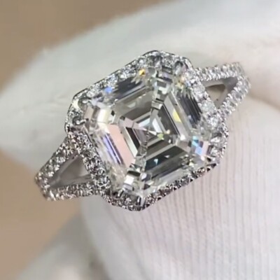 2.5Ctw Asscher Moissanite Halo Split Shank Engagement Ring 14K White Gold Plated