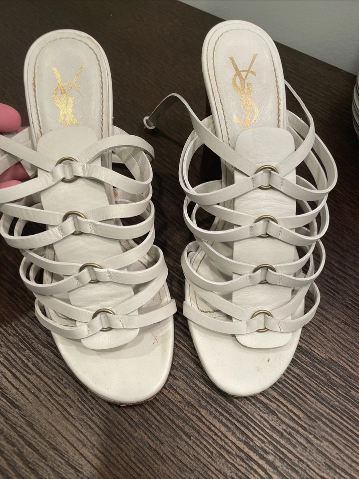 Sandalias Yves Saint Laurent Tacones Talla 36 YSL Blanco Gladiador Bloque Reg. $500 Foto 3 de 3