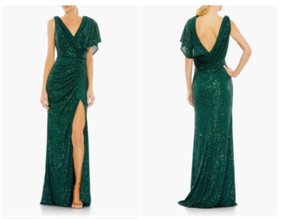 MAC DUGGAL  26988 SEQUINED ASYMMETRICAL DRAPED TRUMPET EMERALD GOWN sz 8