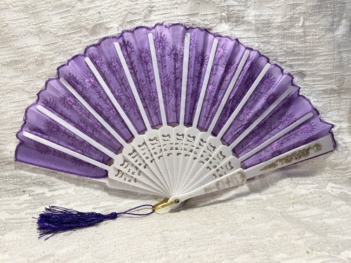 Fabric Embroidered Folding Handheld Fan Purple Sequins and Tassel -- 5337 - Picture 2 of 4