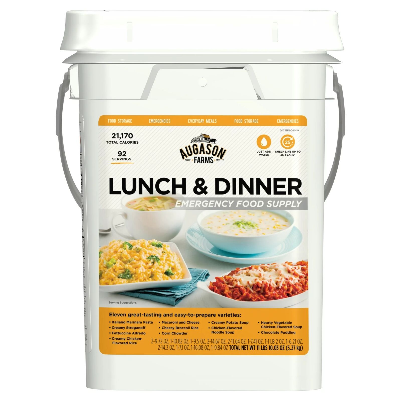 Lunch/Dinner Emergency Survival Food Supply Kit 11.03Lb Pail Storage 92 Servings