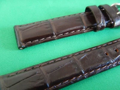 14 mm BRACELET CUIR DE VEAU VERITABLE COUSU FAÇON ALLIGATOR MARRON FONCÉ - Photo 1/4