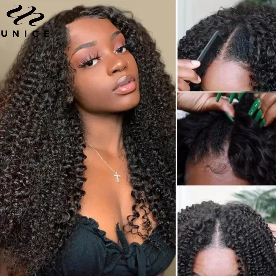 Pelucas camboyanas afro rizadas parte en V para mujeres cabello humano sin pegamento peluca Wear Go Foto 2 de 4