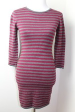 L LOVE CULTURE BRICK RED CHARCOAL GREY 3/4 SLEEVE STRIPED SWEATER DRESS SZ S *