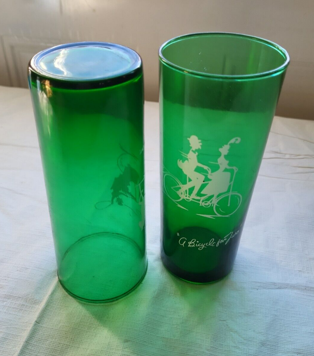 Lot of 2 Anchor Hocking Forest Green Glass Tumblers The Hansom Bicycle