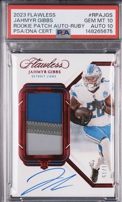 2023 Panini Flawless - Rookie Patch Auto. Jahmyr Gibbs #RPA-JGS Ruby /15. PSA 10