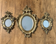 Vtg Gold Tone Ornate Plastic Hanging Wall Mirror Framed Set of 3 Italy 6" 8"