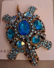 Gold Tone Aqua Blue Rhinestone Turtle Brooch Pin Sea Life Animal 2.5"x 1.7" NEW 
