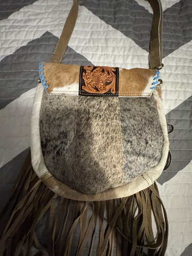 Leather Crossbody Bag W/Hsir On Cowhide Teal Lacing & Fringe NEW - Picture 6 of 14