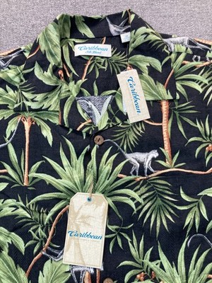 Caribbean Shirt Men Medium Silk Blend Black Green Palm Tree Monkey Tropical New