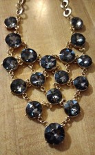 Vtg Necklace Boho Chunk Grey Black Bib Statement 20  Shiny Gold tone Collar Glam